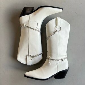 White Billini Western Ankle Boots with Chain Detail NWOB